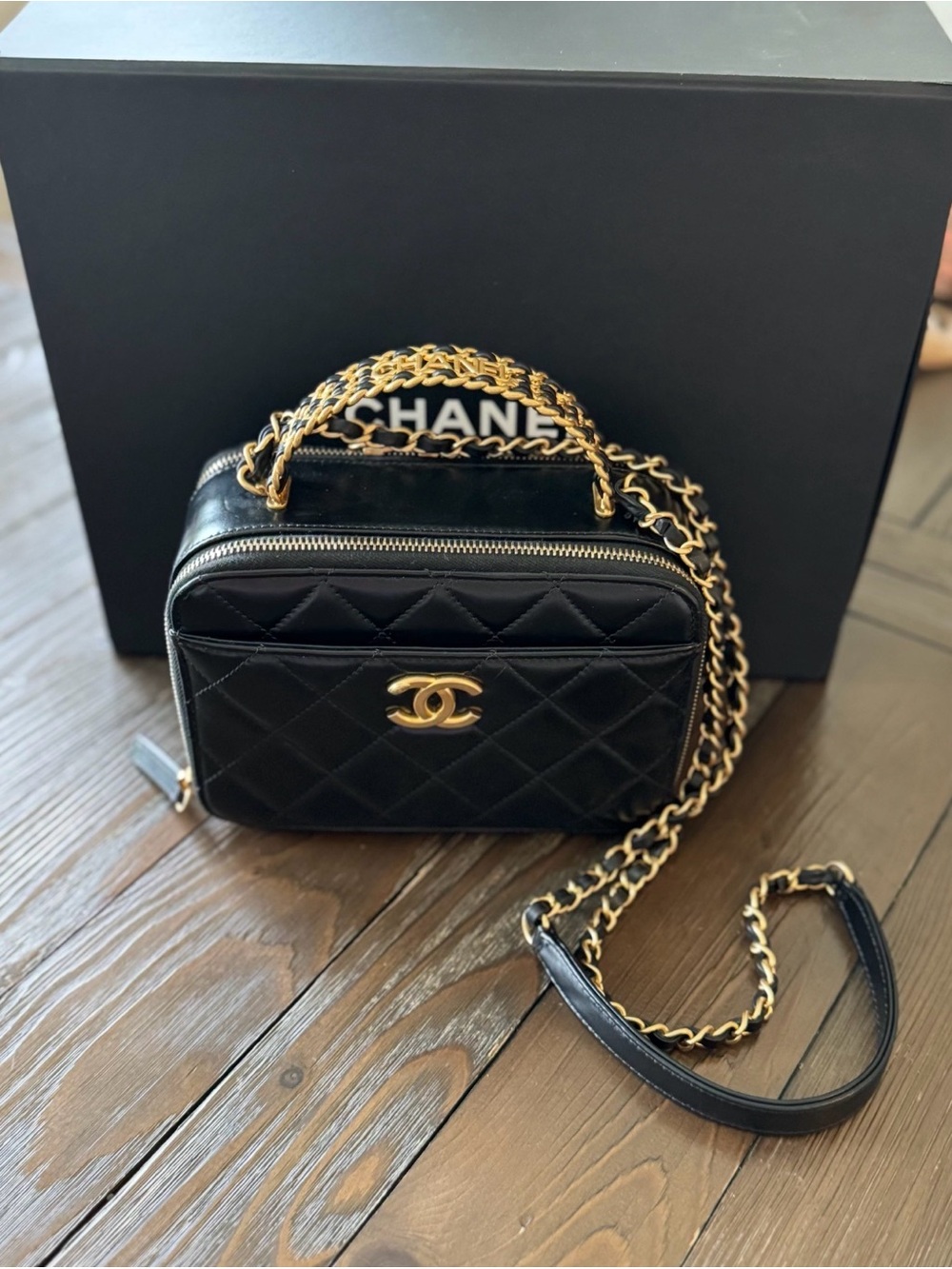 CHANEL Black Quilted Vanity Crossbody with Gold Chain